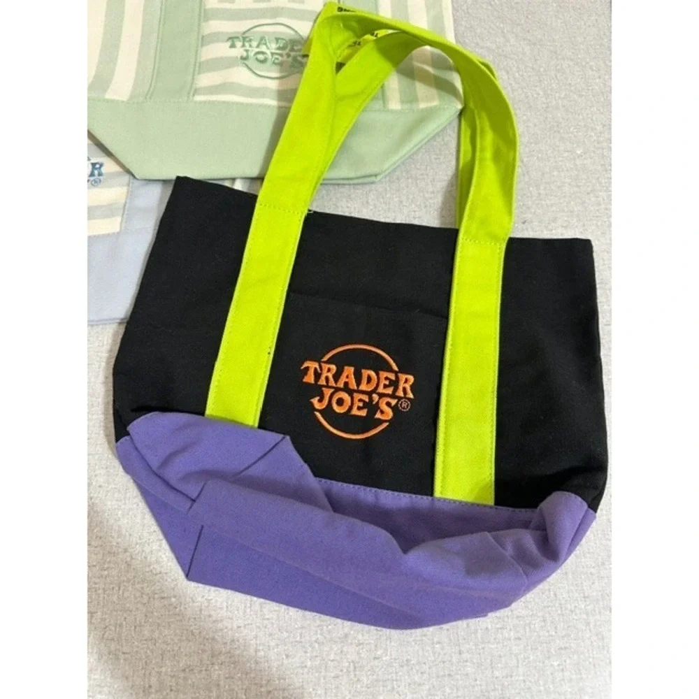 Lot of 3 Trader Joes Mini Canvas Tote Bags Blue, Green, Black/Purple BNWT